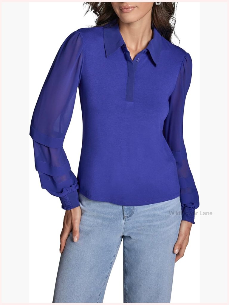 Long Sleeve Collared Top With Smocked Cuffs - Women's Blouse